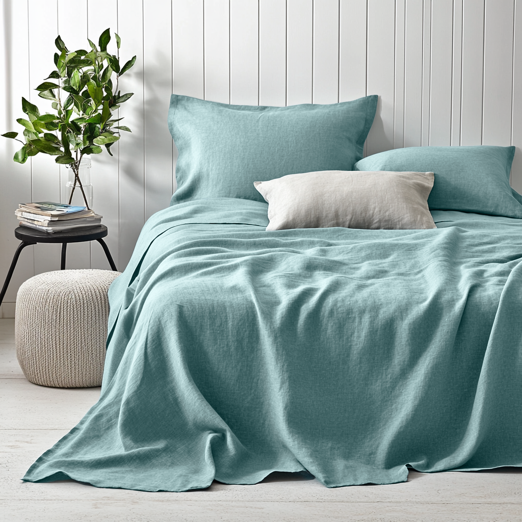 Aquamarine Blue Washed Linen Flat Sheet