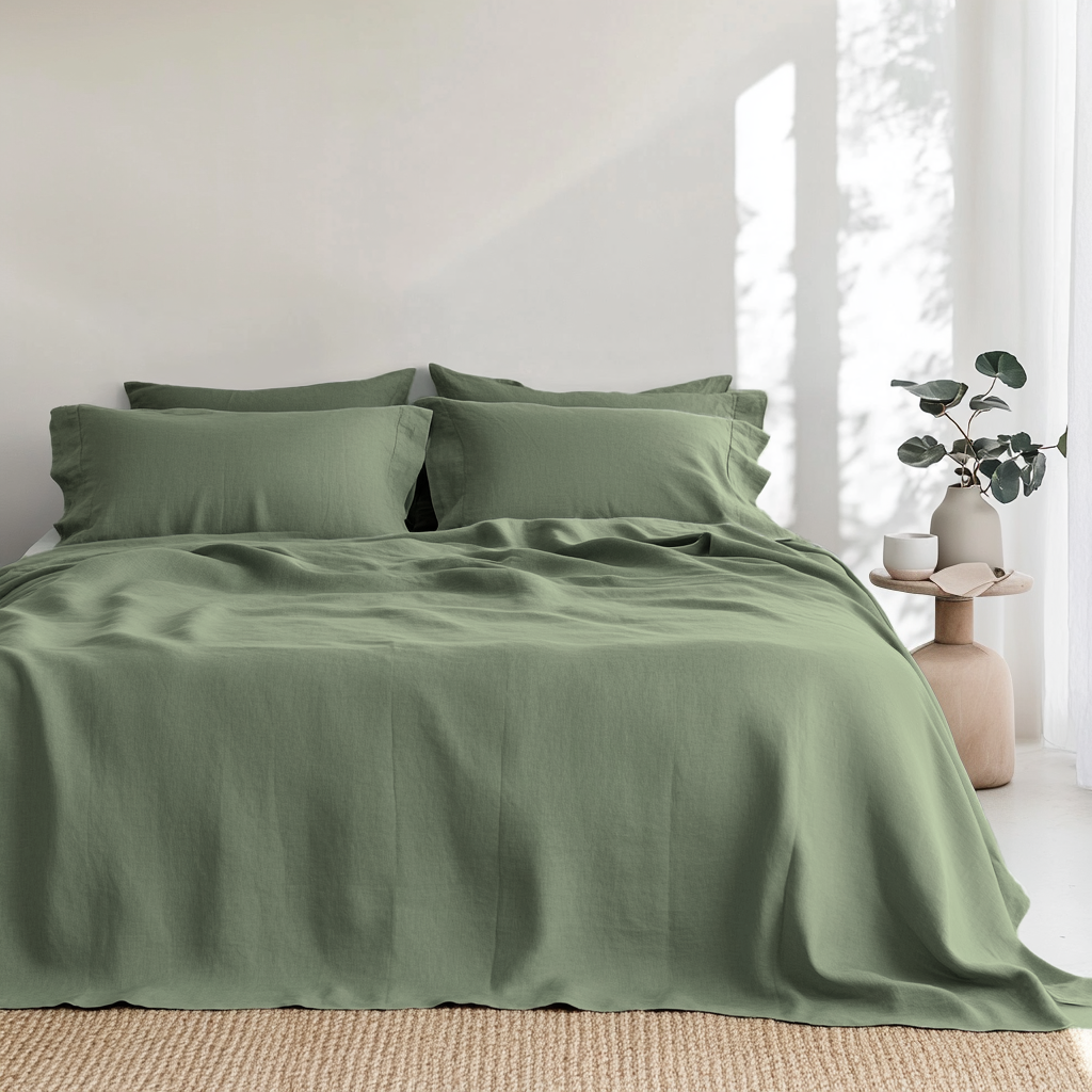 Asparagus Green Washed Linen Flat Sheet