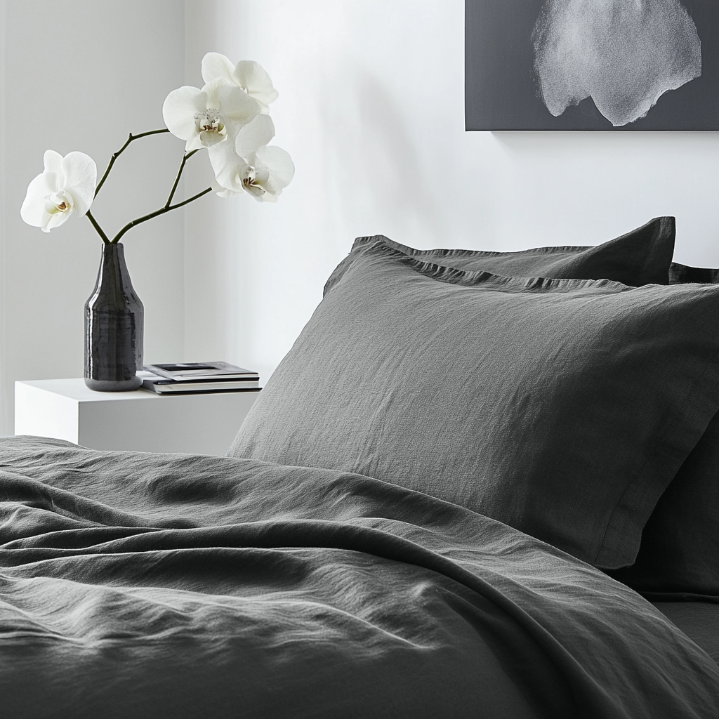 Charcoal Grey Washed Linen Flat Sheet