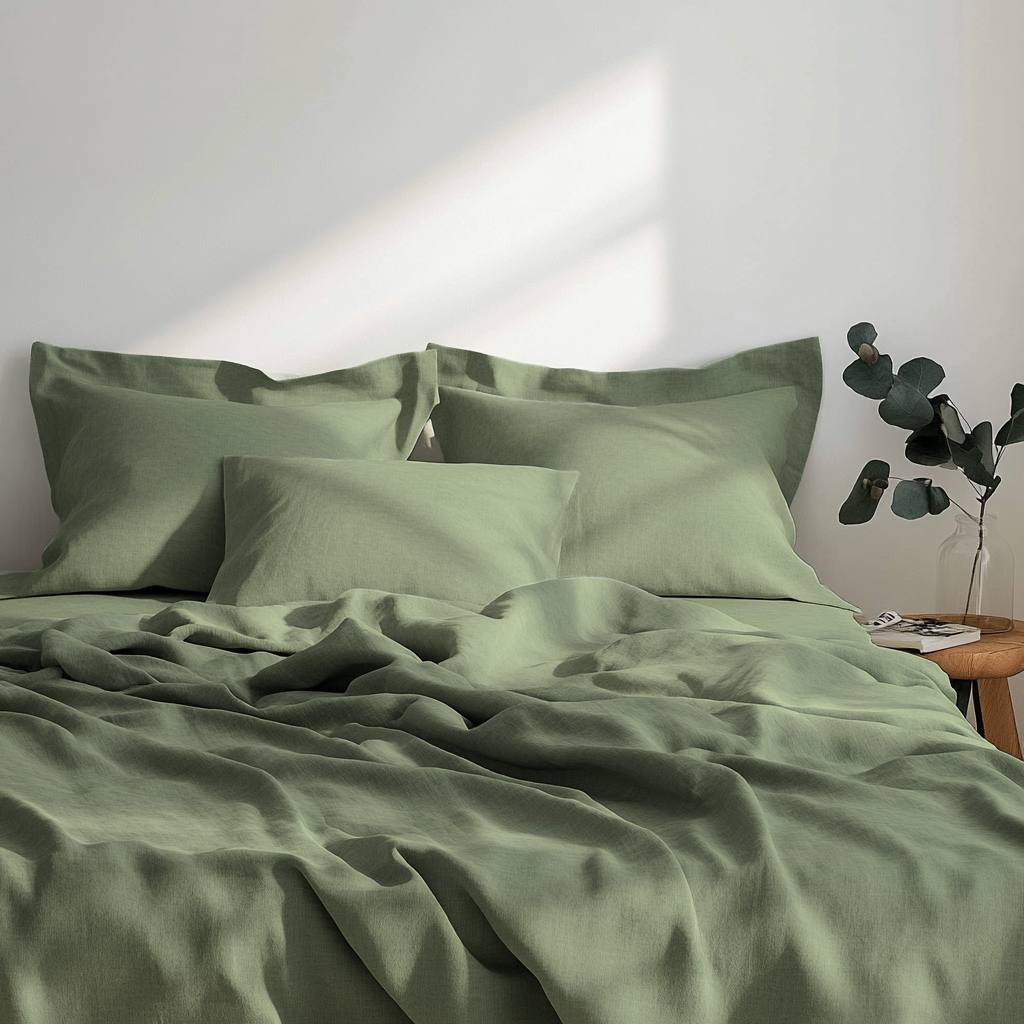 Asparagus Green Washed Linen Flat Sheet