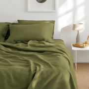 Moss Green Washed Linen Flat Sheet