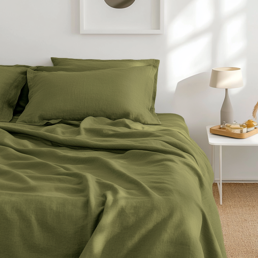 Moss Green Washed Linen Flat Sheet
