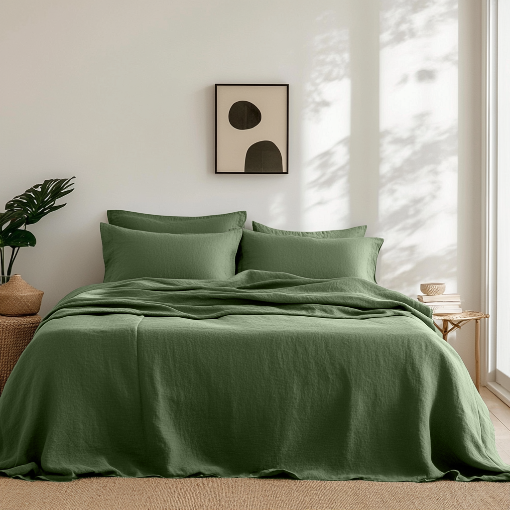 Forest Green Washed Linen Flat Sheet