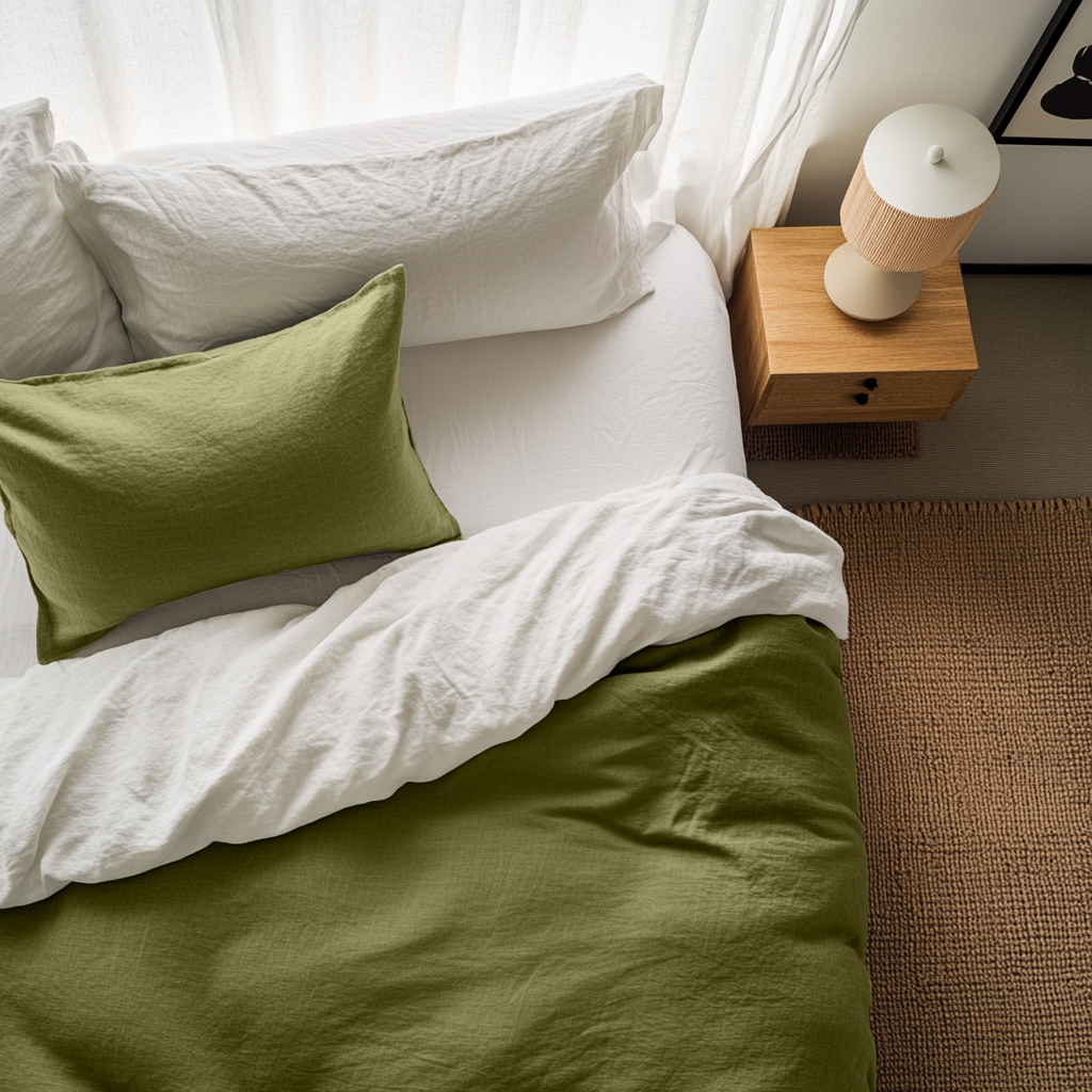 Moss Green Washed Linen Flat Sheet