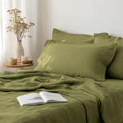 Moss Green Washed Linen Flat Sheet