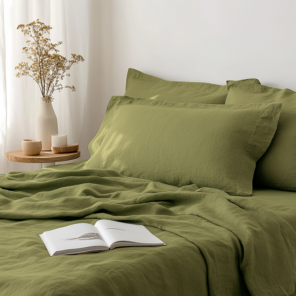Moss Green Washed Linen Flat Sheet