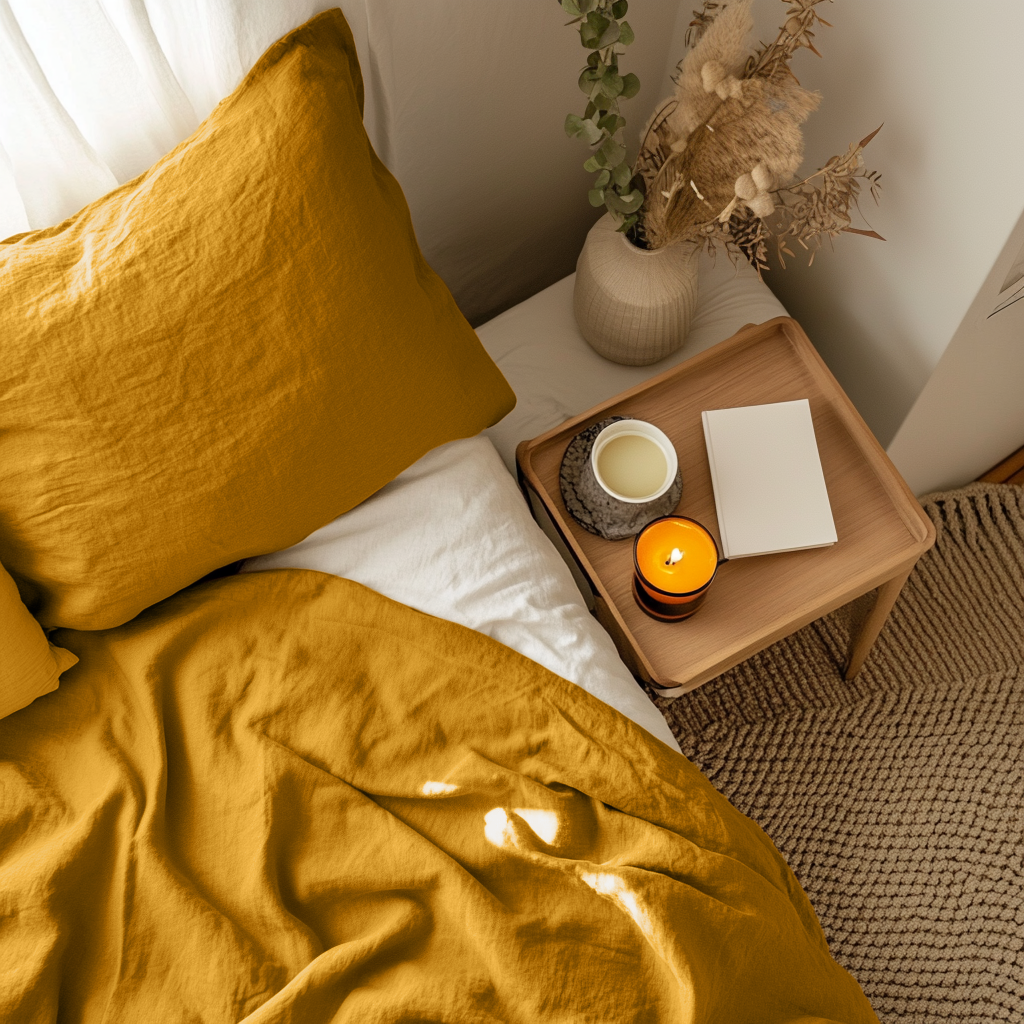 Mustard Yellow Washed Linen Flat Sheet