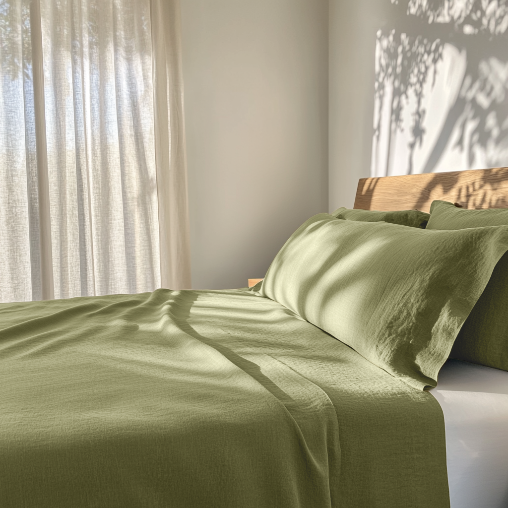Olive Green Washed Linen Flat Sheet