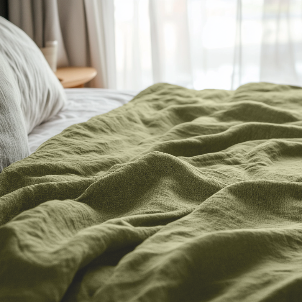 Olive Green Washed Linen Flat Sheet