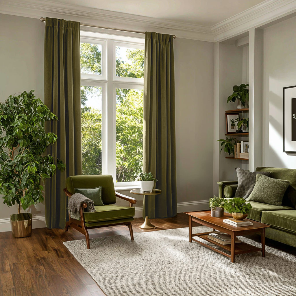 Long Olive Green Velvet Blackout Back Tab Curtain Custom Sizes