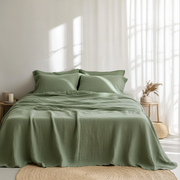 Asparagus Green Washed Linen Flat Sheet