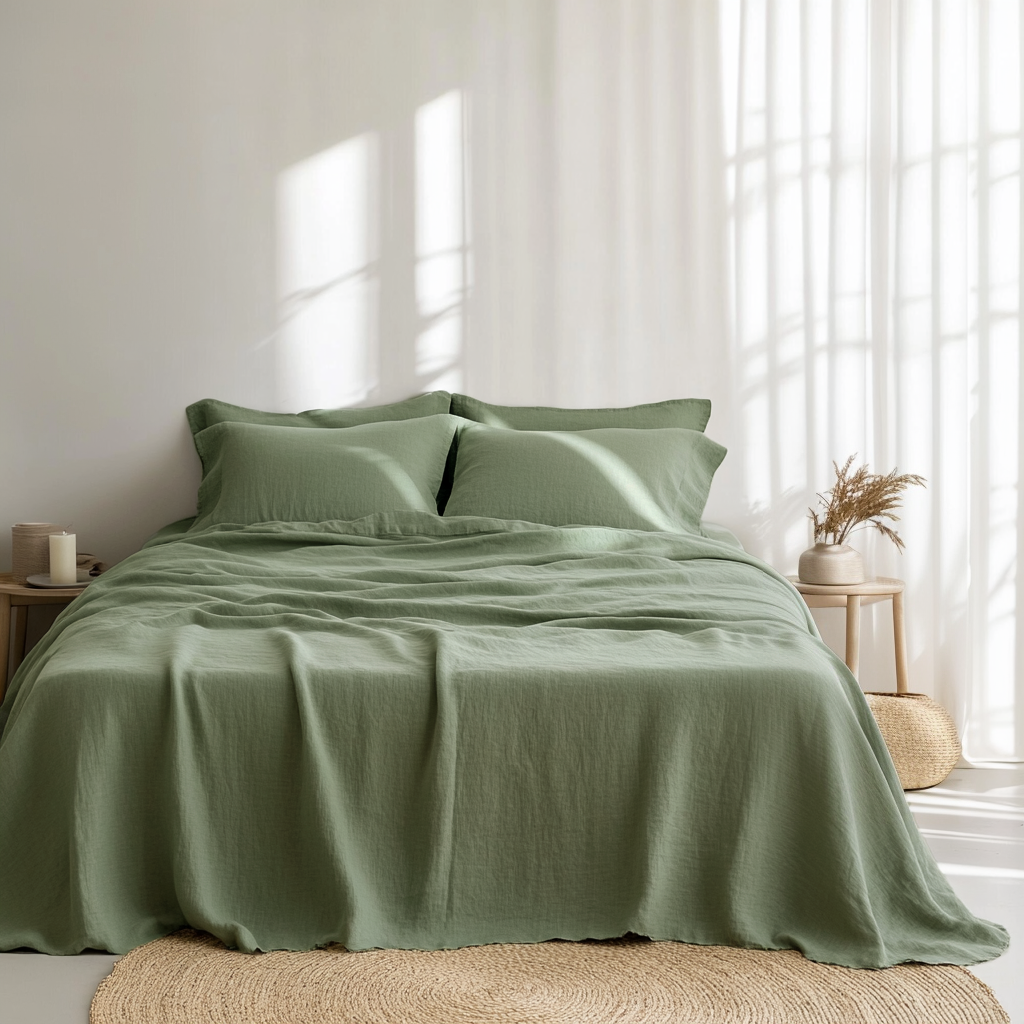 Asparagus Green Washed Linen Flat Sheet
