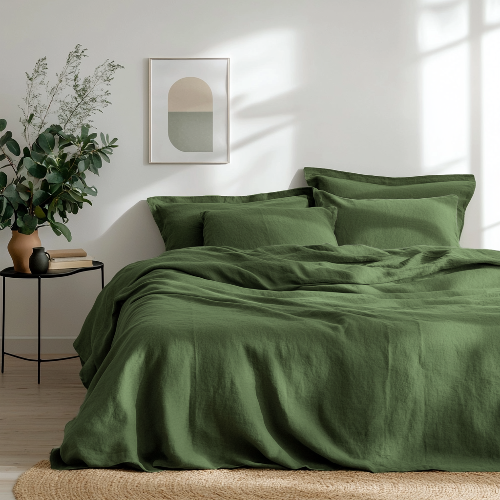 Forest Green Washed Linen Flat Sheet