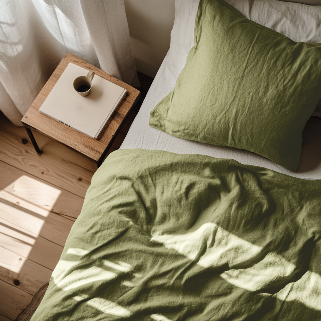 Olive Green Washed Linen Flat Sheet