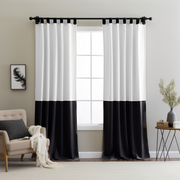 Black and White Colour Block Tab Top Linen Curtain Panel with Blackout Lining - Cusom Width and Length