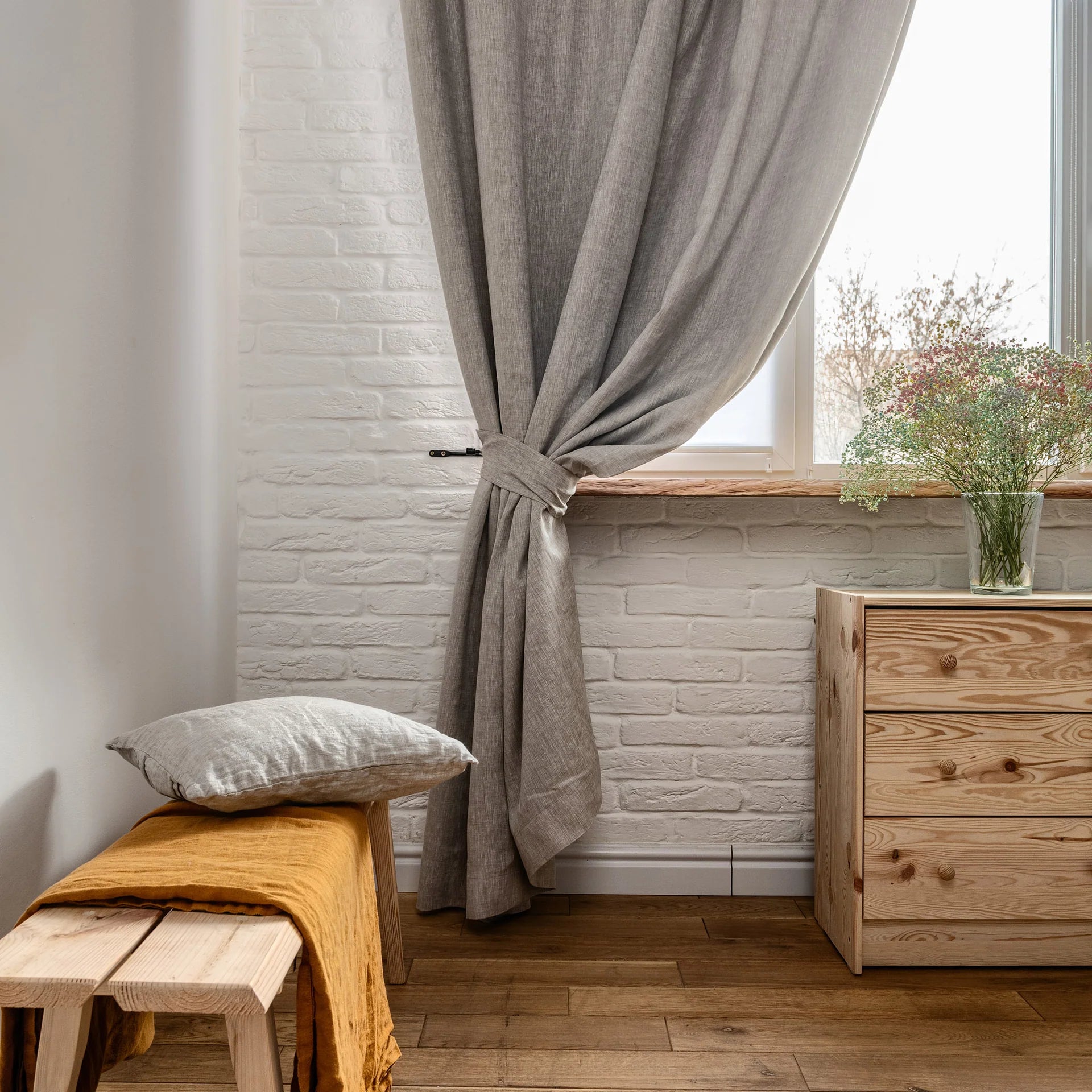 Linen Curtain Panel with White Cotton Lining, Color: Natural