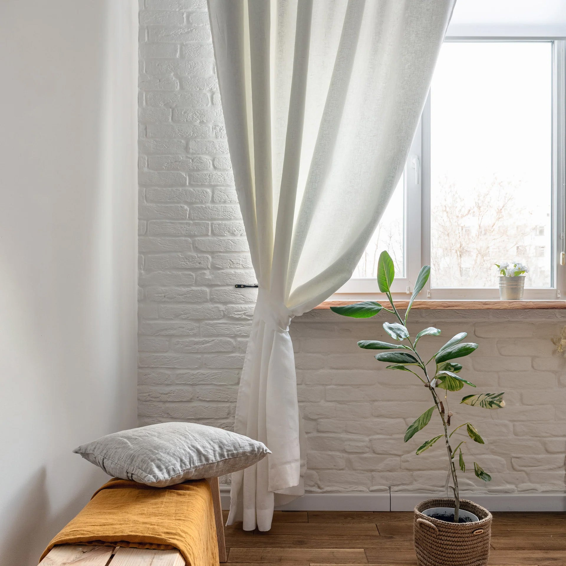 Double Pinch Pleat Linen Curtain Panel with Blackout Lining, Color: Off-White