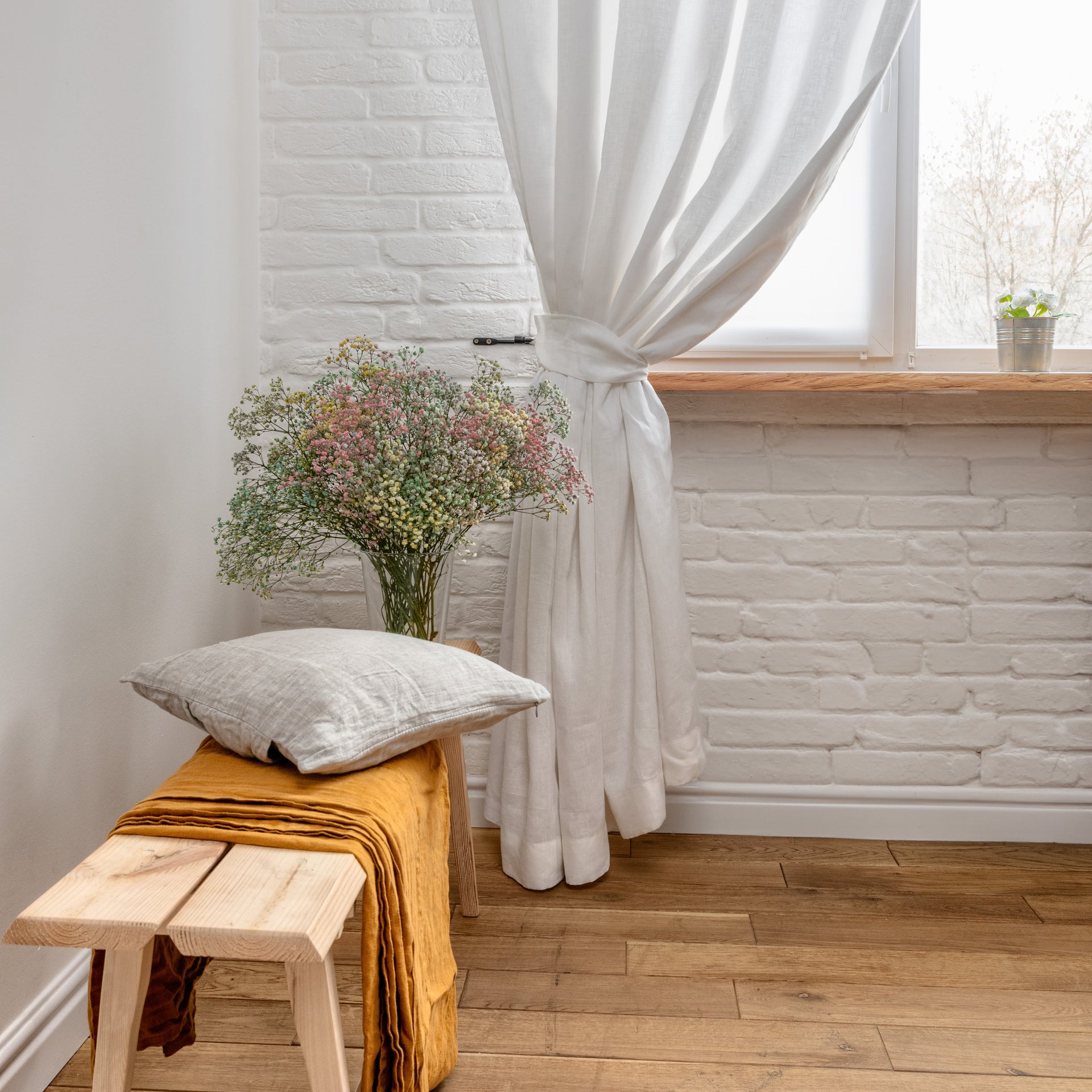 Double Pinch Pleat Linen Curtain Panel with Blackout Lining, Color: White