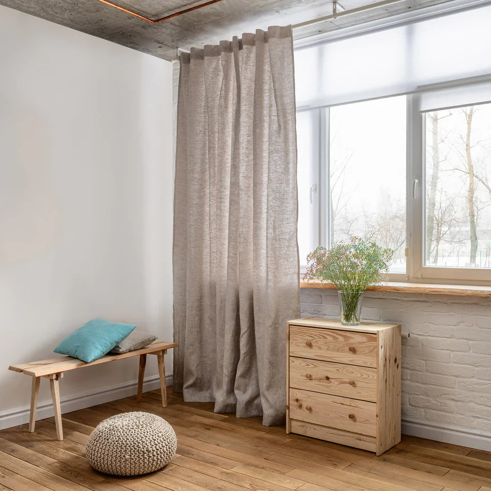 Linen Curtain with White Cotton Lining and Back Tabs - Privacy Linen Drapery Custom Width - Hidden Tabs, Color: Natural