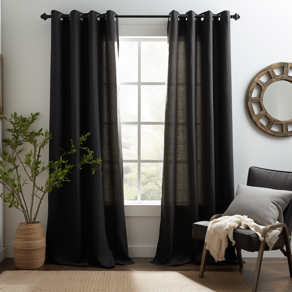 Eyelet Top Black Linen Curtain Panel - Grommet Window Treatments - Natural 100% Linen Drapery
