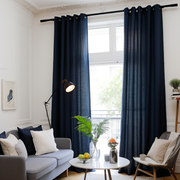Royal Blue Linen Eyelet Curtain Panel - Custom Width and Length, @Heading: No Lining
