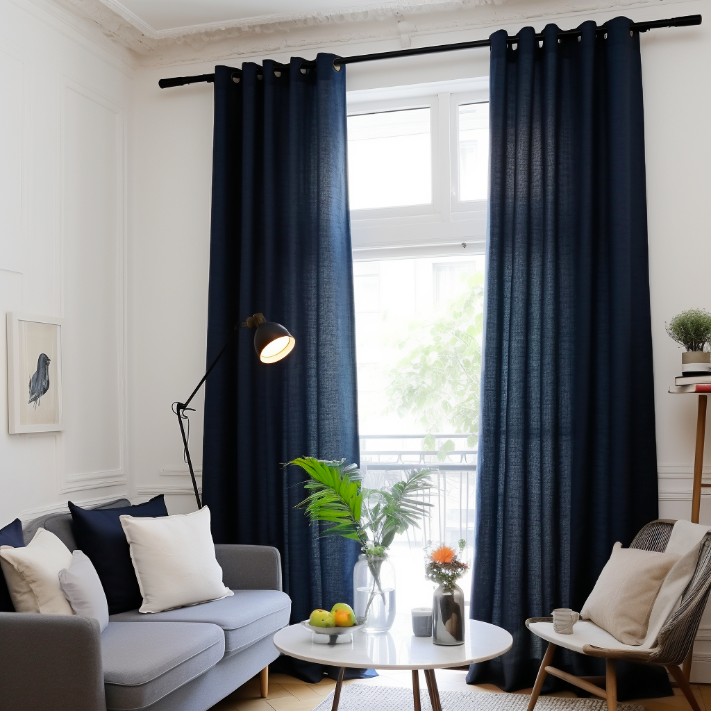 Royal Blue Linen Eyelet Curtain Panel - Custom Width and Length, @Heading: No Lining