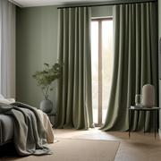 S-fold Sage Green Linen Curtain Panel with Blackout Lining - Heading for Rings and Hooks