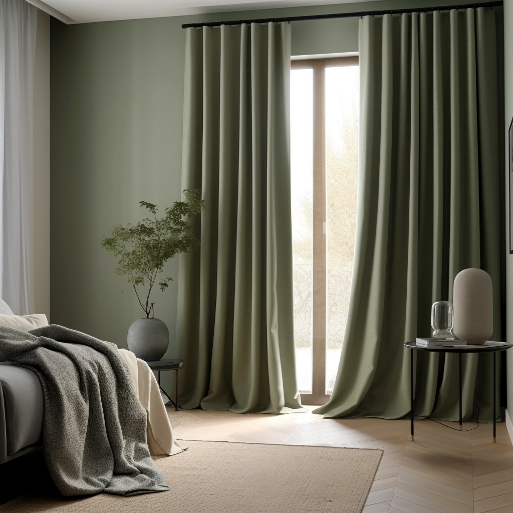 S-fold Sage Green Linen Curtain Panel with Blackout Lining - Heading for Rings and Hooks