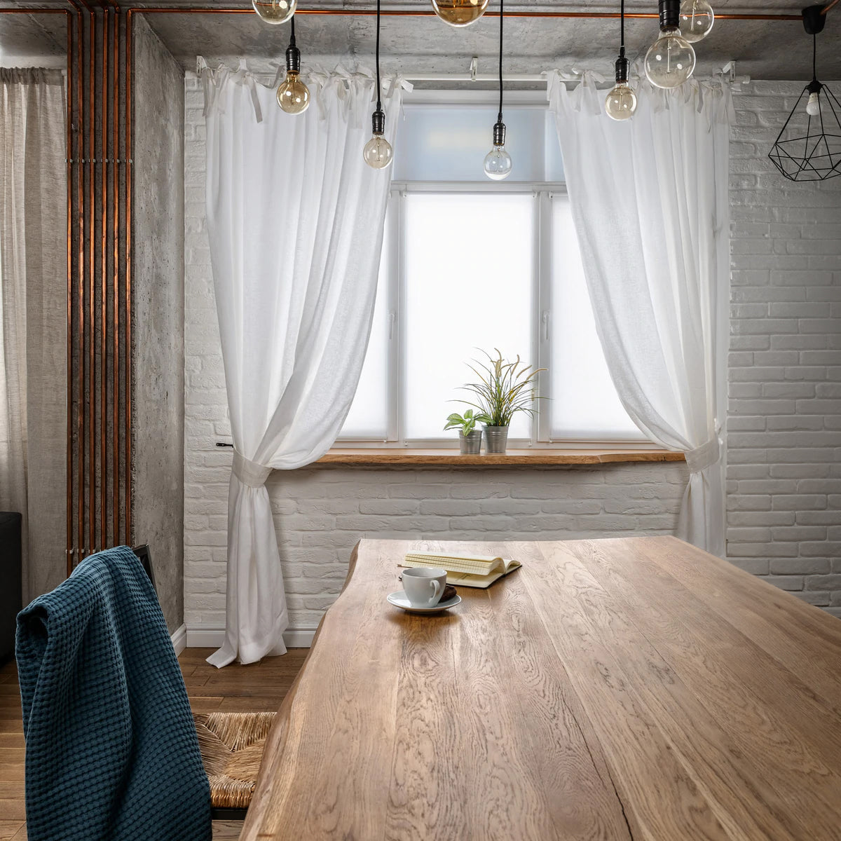 Linen Curtain with White Cotton Lining and Tie Top