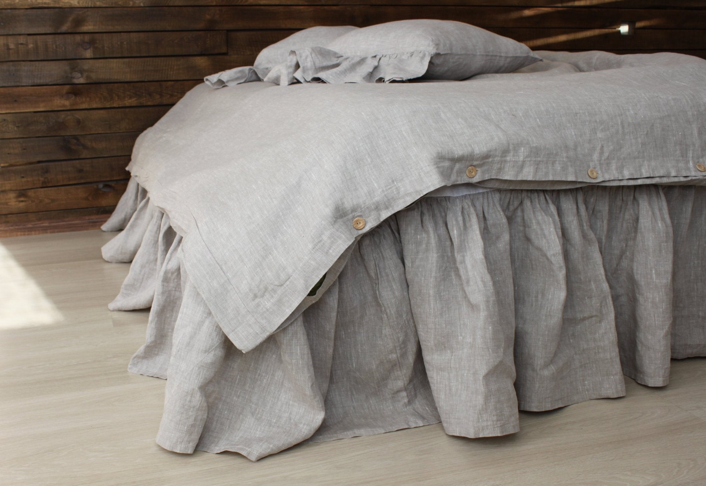 Linen Bed Valance Sheet with Gathered Ruffles and Cotton Decking - in