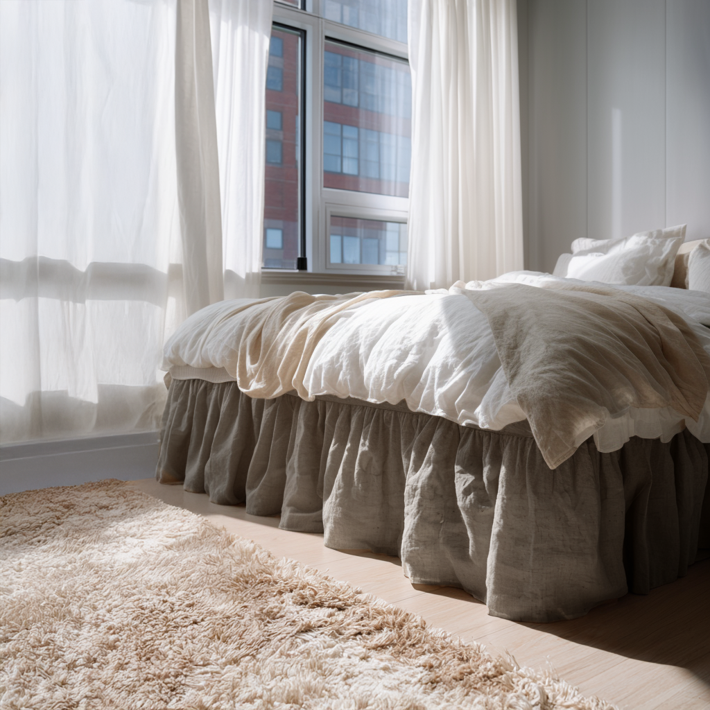 Natural Heavy Weight Linen Bed Skirt Valance with Gathered Ruffles