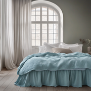 Aquamarine Blue Linen Bed Skirt Valance with Gathered Ruffles