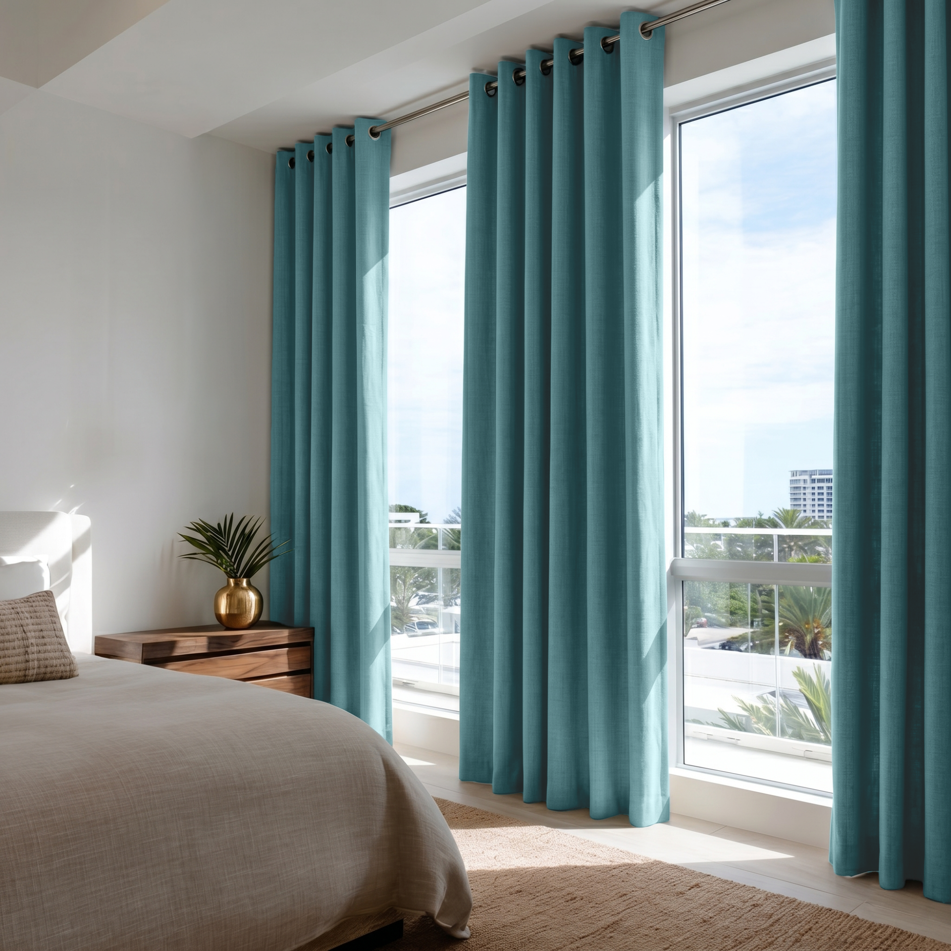Aquamarine Blue Linen Eyelet Bedroom Curtains in a Bright Minimal Bedroom with Soft White Walls and Oatmeal Bedding - Blackout Lining