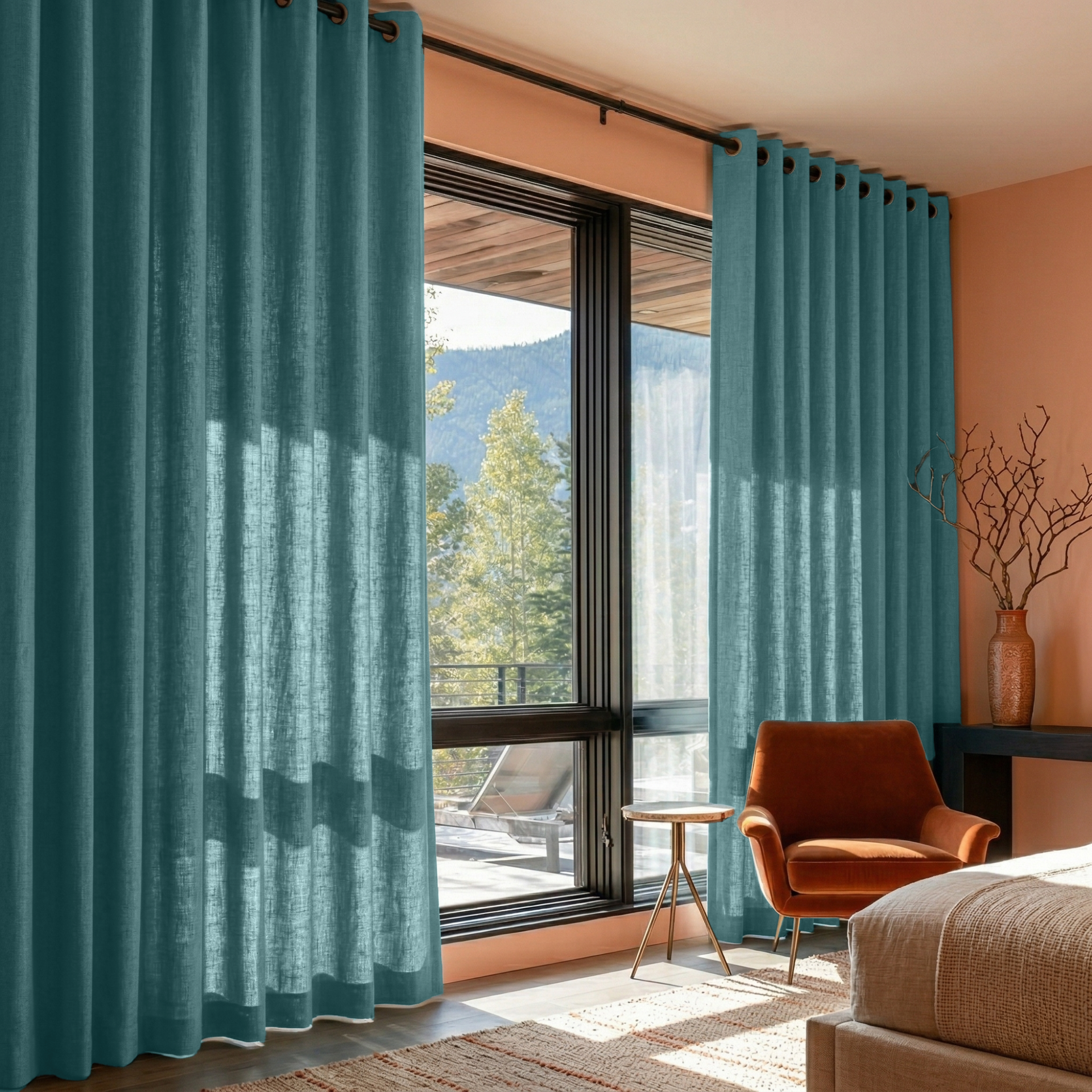 Aquamarine Blue Linen Eyelet Bedroom Curtains in a Warm Contemporary Bedroom with Peachy Terracotta Walls and Sandy Beige Accents - Cotton Lining