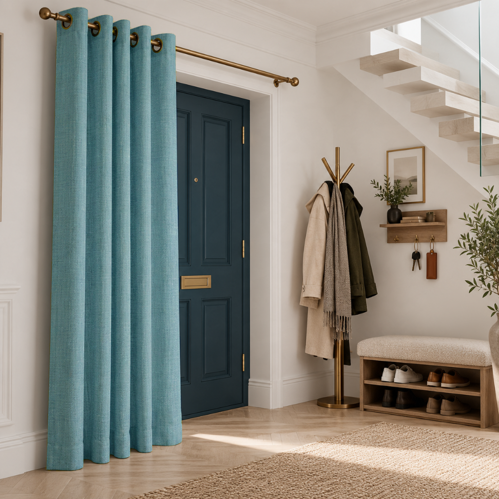 Aquamarine Blue Thermal Door Curtain in a Hallway with White Walls and a Navy Blue Door