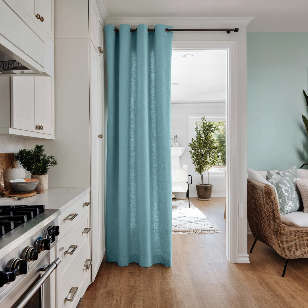 Aquamarine Blue Linen Doorway Curtain with Eyelets