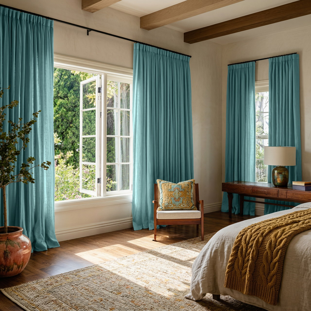 Aquamarine Blue Linen Pencil Pleat Curtains in a Soft Beige Bedroom with Rustic Wooden Beams and Natural Textures - Cotton Lining