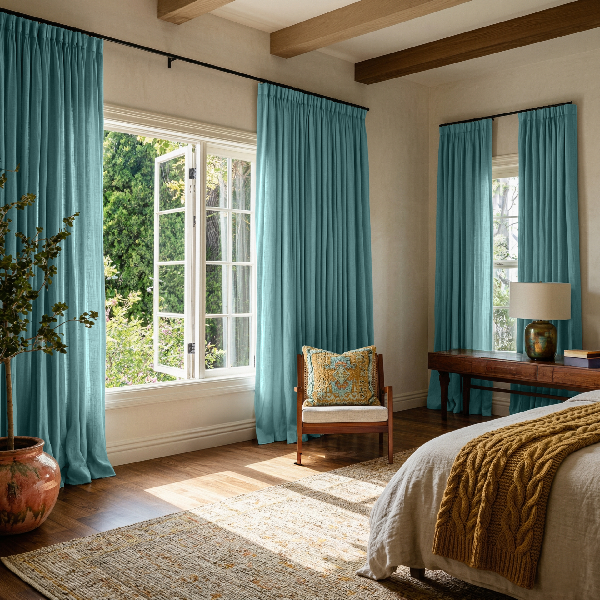 Aquamarine Blue Linen Pencil Pleat Curtains in a Soft Beige Bedroom with Rustic Wooden Beams and Natural Textures - Cotton Lining