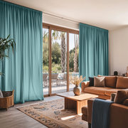 Aquamarine Blue Linen Pencil Pleat Extra Wide Curtains for Sliding Door in a Sunlit Living Room with Terracotta Sofa and Natural Wood Furniture - Cotton Lining