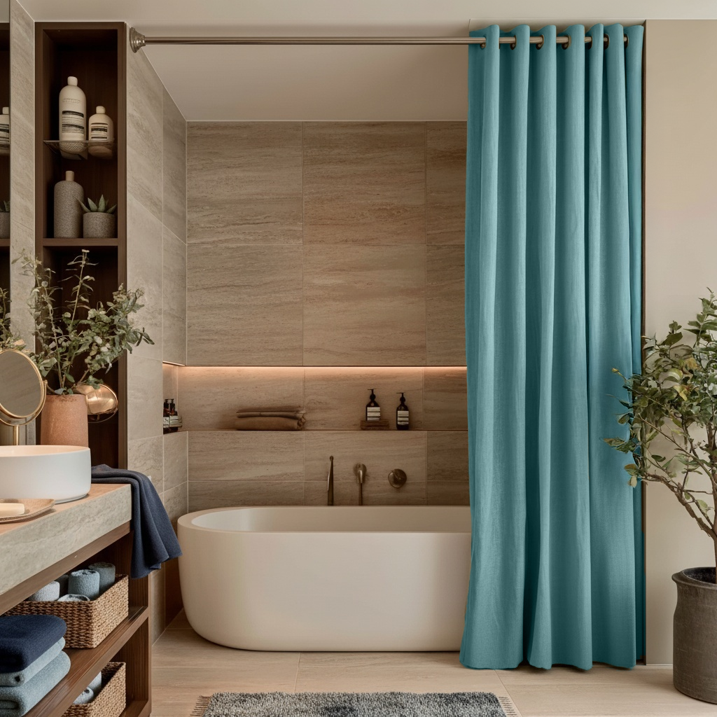 Aquamarine Hookless Linen Shower Curtain