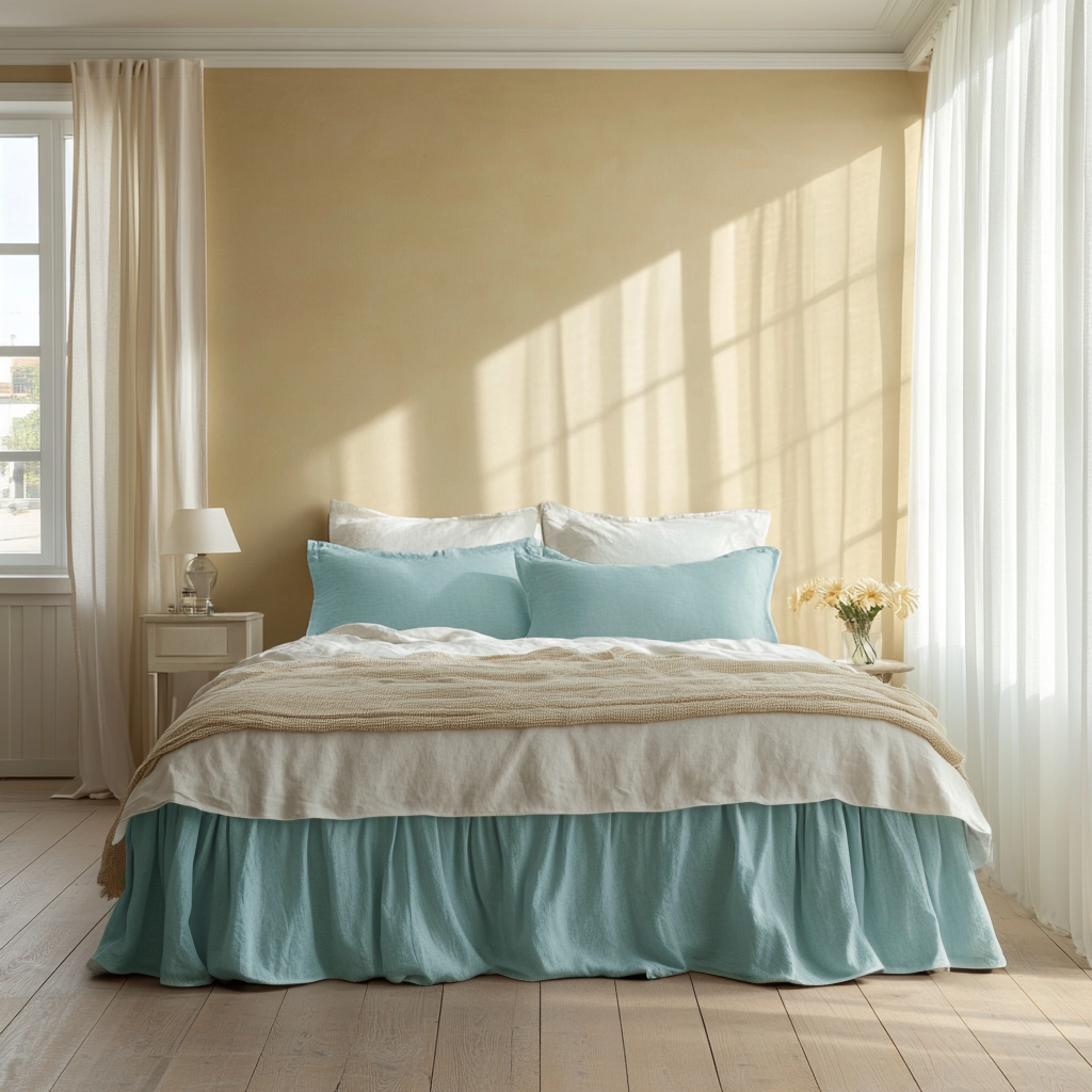 Aquamarine Blue Linen Bed Skirt Valance with Gathered Ruffles