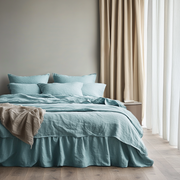 Aquamarine Blue Linen Bed Skirt Valance with Gathered Ruffles