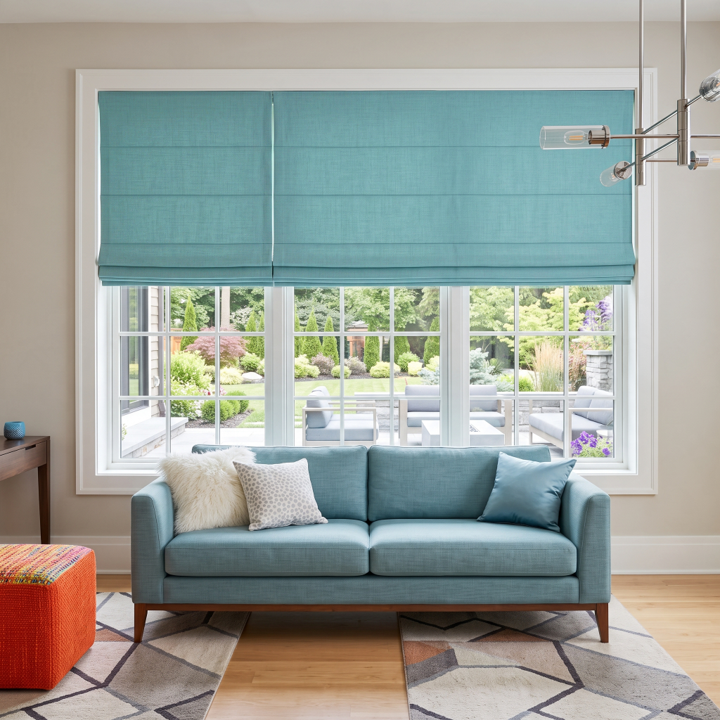 Aquamarine Roman Blinds in a Transitional Living Room with Warm Beige Walls, a Light Blue Sofa and a Geometric Area Rug.