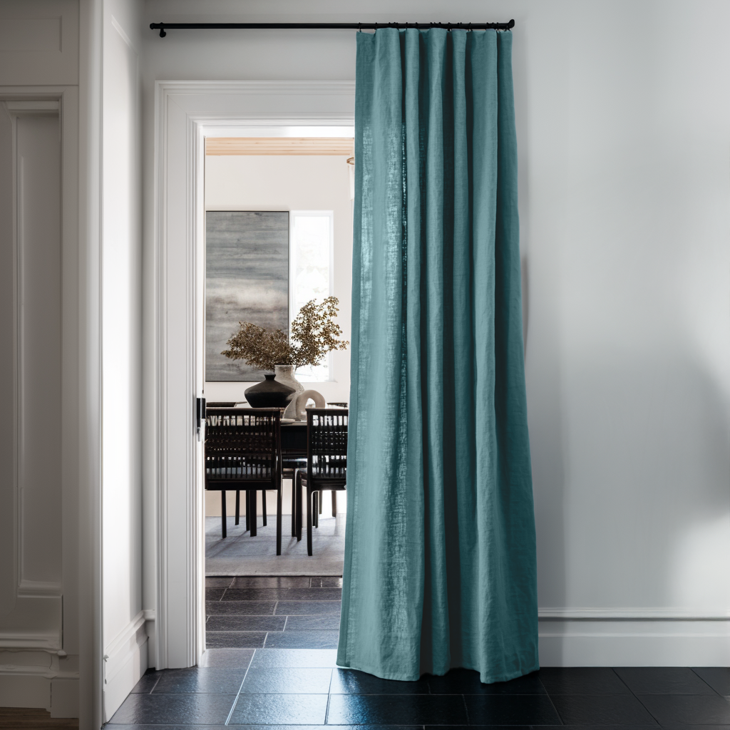 Aquamarine Blue Linen Doorway Curtain with Multitape
