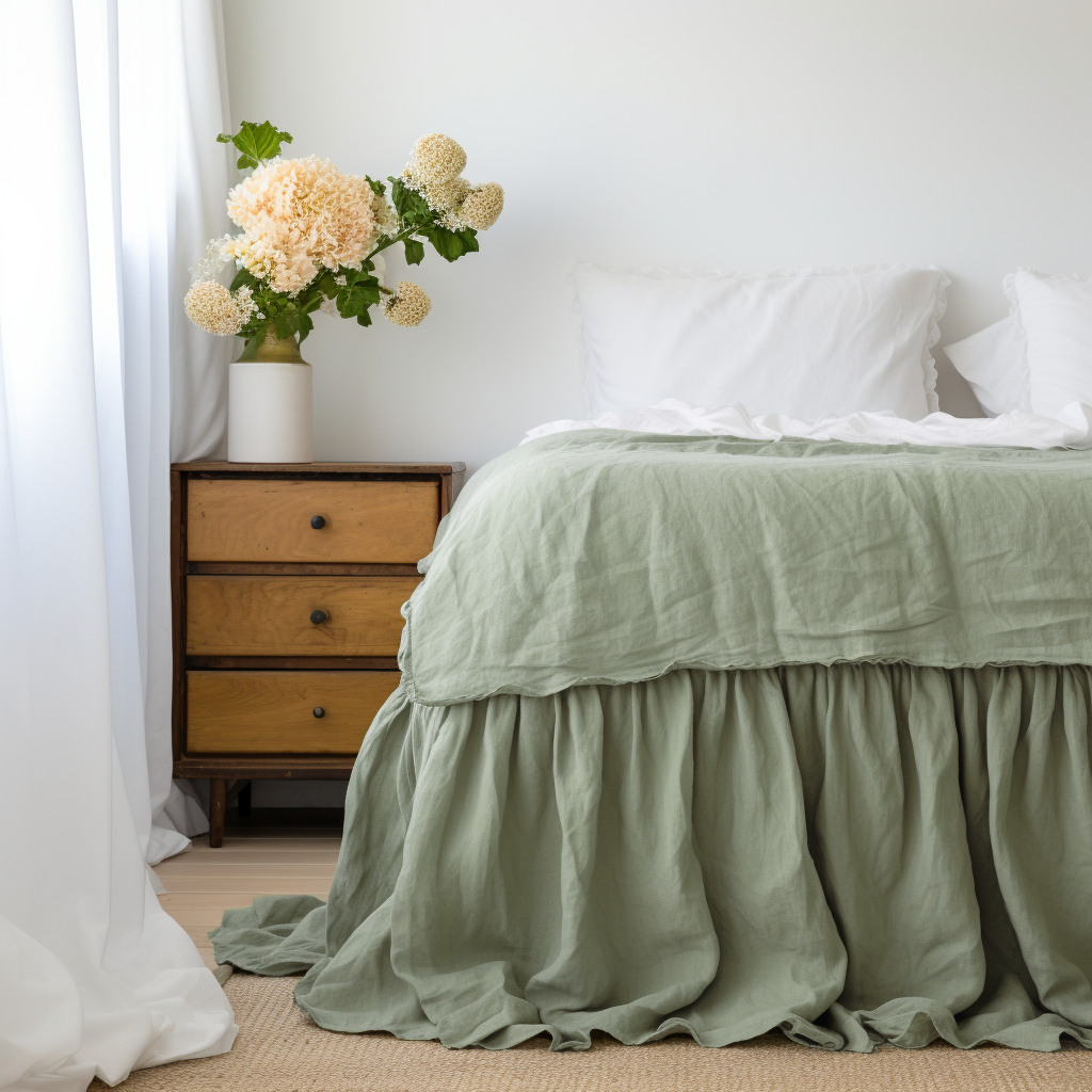 Asparagus Green Linen Bed Skirt Valance with Gathered Ruffles