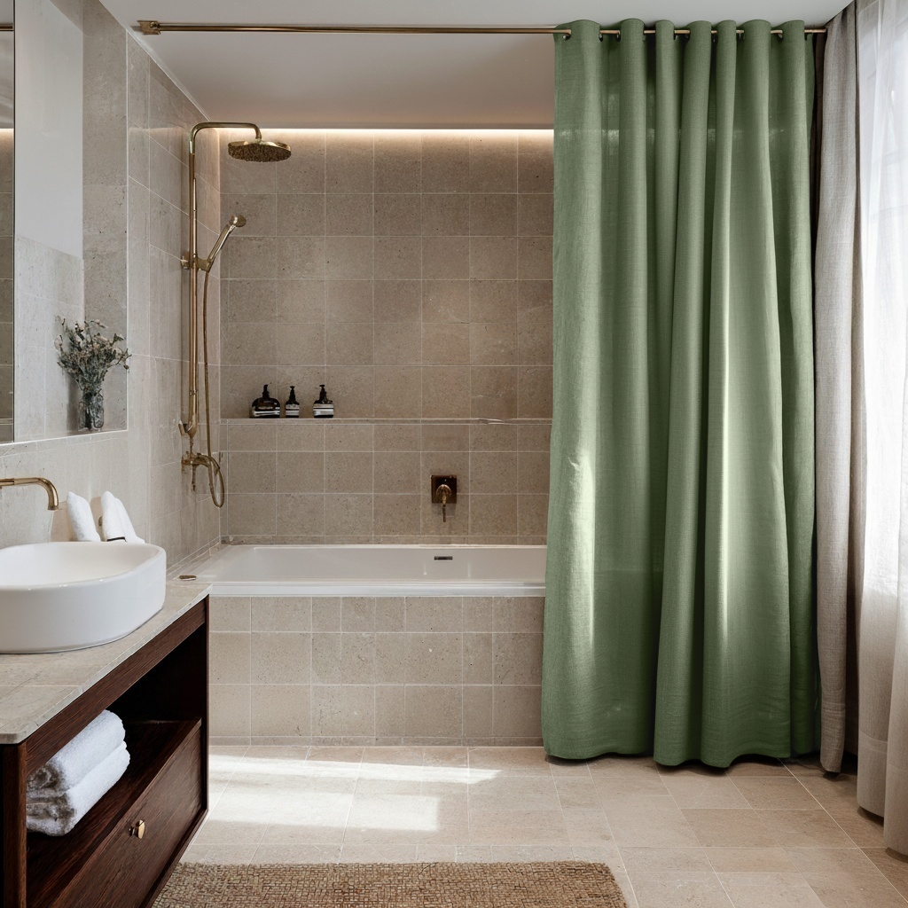 Asparagus Green Hookless Linen Shower Curtain