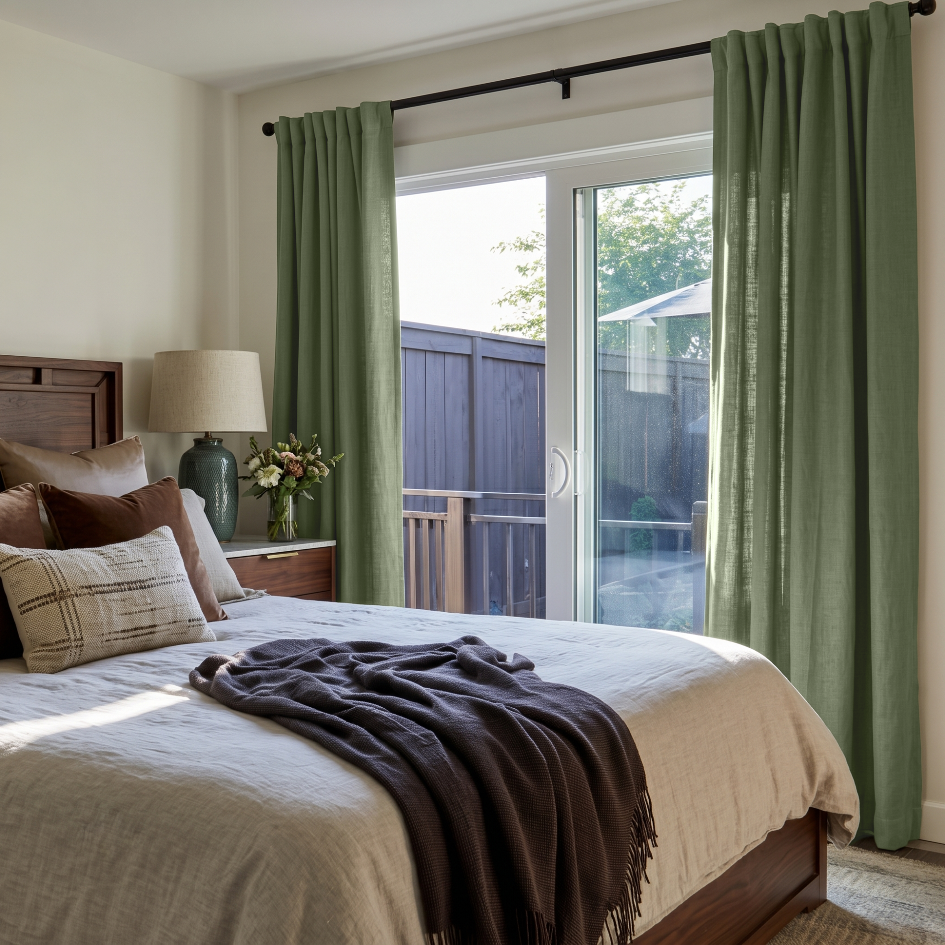 Asparagus Green Linen Back Tab Curtains for Sliding Door in a Cozy Bedroom with Cream Walls and Warm Wood Furniture - Cotton Lining