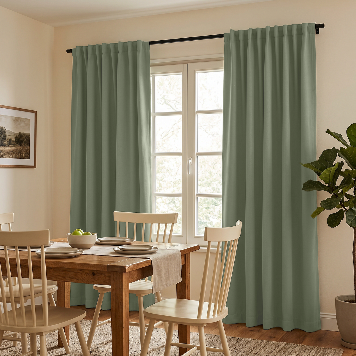 Asparagus Green Curtain Panels Hanging on a Black Rod over a Window in a Dining Room