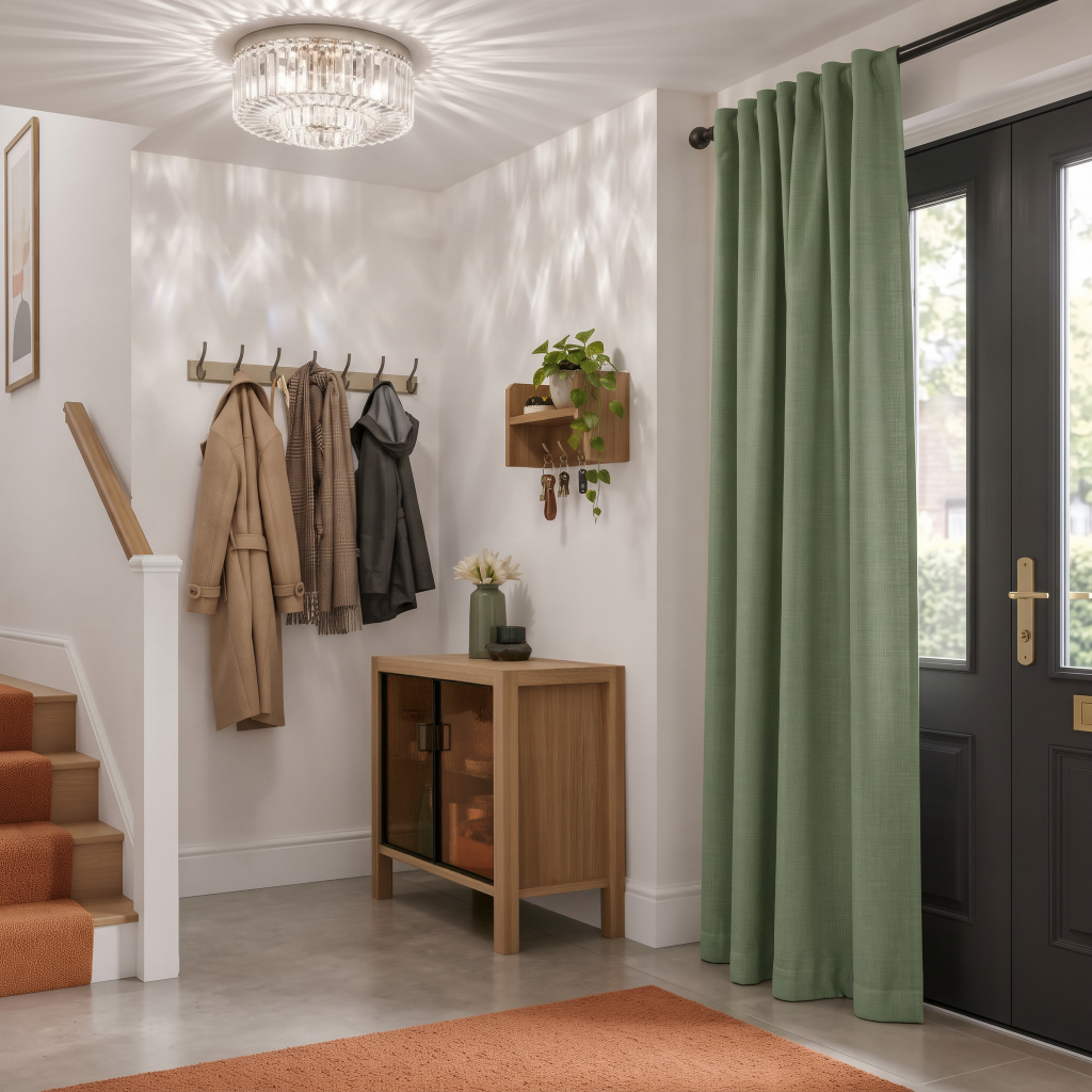Asparagus Green Thermal Door Curtains in a Hallway with White Walls and an Orange Rug