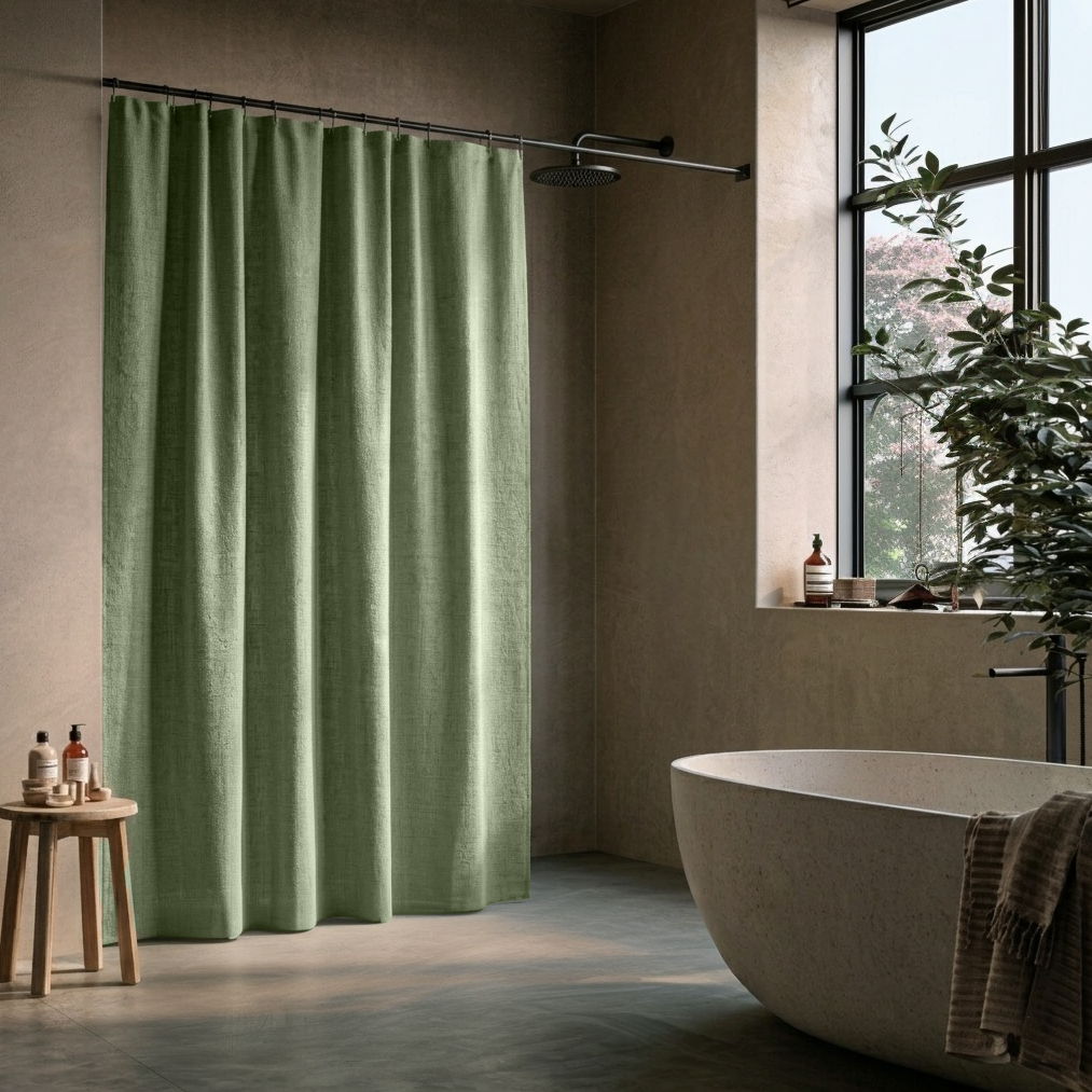 Asparagus Green Linen Button-Hole Top Shower Curtain in a Modern Bathroom